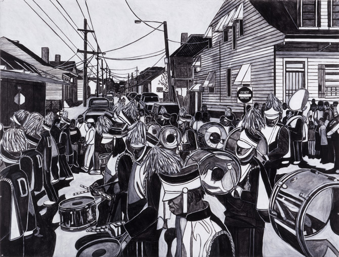 Willie Birch, Martin Luther King Day Parade, 2003. Acrylic and charcoal on paper,
72 x 96 inches. Courtesy of the artist and Arthur Roger Gallery. Willie Birch, Martin Luther King Day Parade, 2003. Acrylic and charcoal on paper,
72 x 96 inches. Courtesy of the artist and Arthur Roger Gallery.