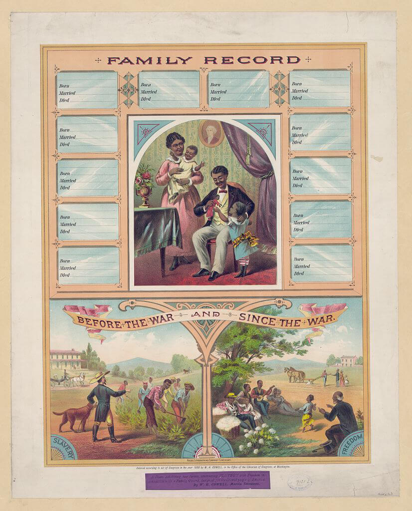 Blank Family Record: Before the War and Since the War, ca. 1880. Chromolithograph by Krebs Lithographing Company, Cincinnati, Ohio. Courtesy of the Library of Congress Prints and Photographs Division, loc.gov/pictures/item/91721220. Blank Family Record: Before the War and Since the War, ca. 1880. Chromolithograph by Krebs Lithographing Company, Cincinnati, Ohio. Courtesy of the Library of Congress Prints and Photographs Division, loc.gov/pictures/item/91721220.