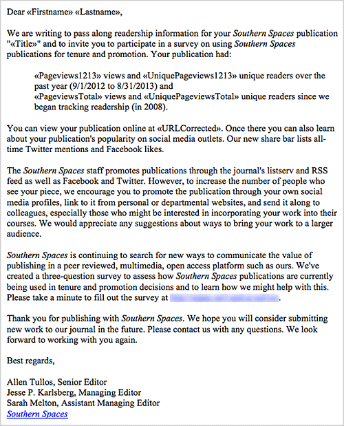 Readership report email template, 2013. Courtesy of Southern Spaces. Readership report email template, 2013. Courtesy of Southern Spaces.