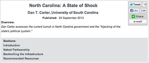 Share bar for "North Carolina: A State of Shock" by Dan T. Carter, 2013. Courtesy of Southern Spaces. Share bar for "North Carolina: A State of Shock" by Dan T. Carter, 2013. Courtesy of Southern Spaces.