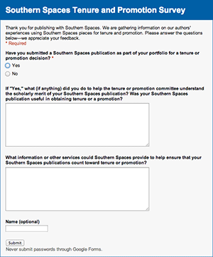Southern Spaces tenure and promotion survey, 2013. Screenshot courtesy of Southern Spaces. Southern Spaces tenure and promotion survey, 2013. Screenshot courtesy of Southern Spaces.