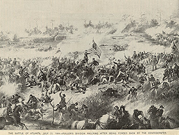 Post-war illustration of Union Brigadier General John Fuller planting the US flag on the Atlanta Battlefield, July 22, 1864. Print by James E. Taylor. Courtesy of the New York Public Library. 