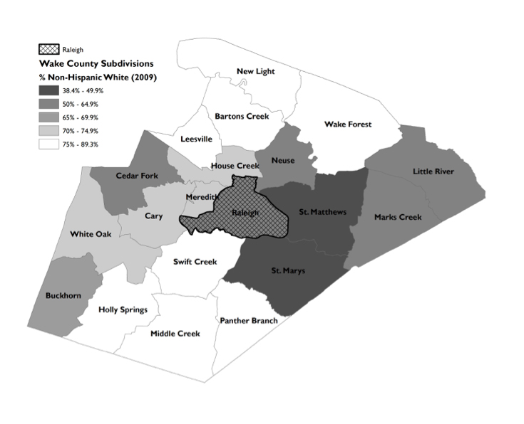 Map illustrating the percentage of Non-Hispanic White populations in Wake County Subdivisions, 2009. Map courtesy of the author. Map illustrating the percentage of Non-Hispanic White populations in Wake County Subdivisions, 2009. Map courtesy of the author.