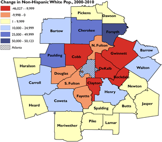 Changes in non-hispanic white population, 2000–2010. Sources: 2000 Census; 2010 Census; author. Changes in non-hispanic white population, 2000–2010. Sources: 2000 Census; 2010 Census; author.