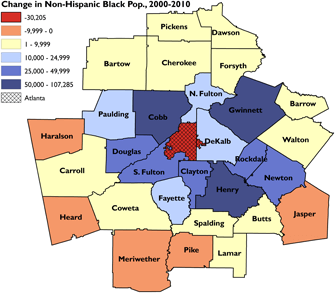 Changes in non-hispanic black population, 2000–2010. Sources: 2000 Census; 2010 Census; author. Changes in non-hispanic black population, 2000–2010. Sources: 2000 Census; 2010 Census; author.