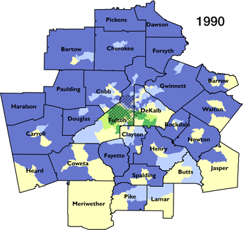 Atlanta Metropolitan Statistical Area segregation and integration by census tract for 1990. Sources: Cashin 2004; Wiggins, Morello, and Keating 2011; 2000 and 2010 Census; author. Atlanta Metropolitan Statistical Area segregation and integration by census tract for 1990. Sources: Cashin 2004; Wiggins, Morello, and Keating 2011; 2000 and 2010 Census; author.