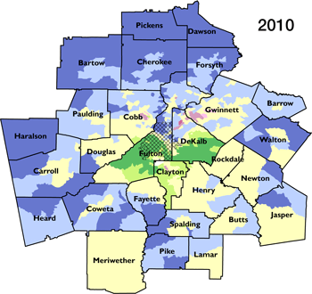 Atlanta Metropolitan Statistical Area segregation and integration by census tract for 2010. Sources: Cashin 2004; Wiggins, Morello, and Keating 2011; 2000 and 2010 Census; author. Atlanta Metropolitan Statistical Area segregation and integration by census tract for 2010. Sources: Cashin 2004; Wiggins, Morello, and Keating 2011; 2000 and 2010 Census; author.