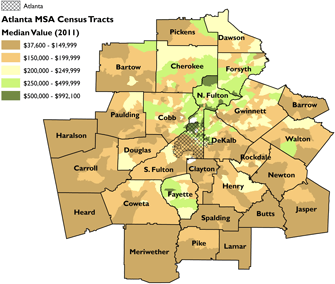 Median home value for Atlanta MSA census tracts. Sources: Rusk 2001; 2011 American Community Survey 5-Year Estimates; author. Median home value for Atlanta MSA census tracts. Sources: Rusk 2001; 2011 American Community Survey 5-Year Estimates; author.
