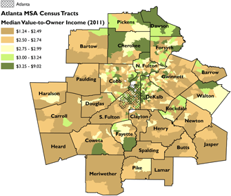 Median value-to-owner ratio for Atlanta MSA census tracts. Sources: Rusk 2001; 2011 American Community Survey 5-Year Estimates; author. Median value-to-owner ratio for Atlanta MSA census tracts. Sources: Rusk 2001; 2011 American Community Survey 5-Year Estimates; author.