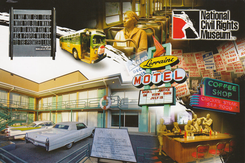 Postcard featuring iconic images and paraphernalia from the civil rights movement, sold at the National Civil Rights Museum, Lorraine Motel, Memphis, Tennessee, March 31, 2013. Photograph of postcard courtesy of Erick Alvarado. © Erick Alvarado, 2013. Postcard featuring iconic images and paraphernalia from the civil rights movement, sold at the National Civil Rights Museum, Lorraine Motel, Memphis, Tennessee, March 31, 2013. Photograph of postcard courtesy of Erick Alvarado. © Erick Alvarado, 2013.