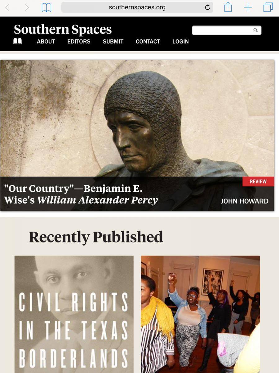 Southern Spaces homepage tablet display, 2016. Screenshot courtesy of Southern Spaces. Southern Spaces homepage tablet display, 2016. Screenshot courtesy of Southern Spaces.