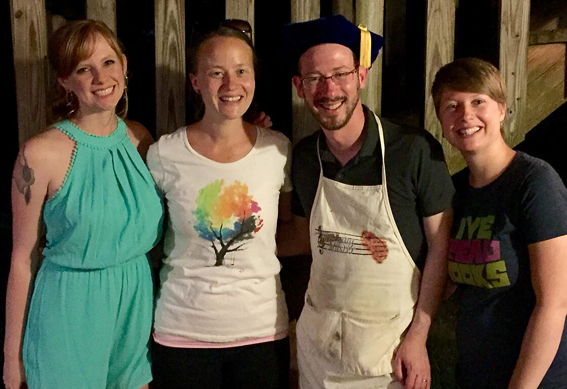 Generations of past Southern Spaces managing editors (from left to right): Jordan Johnson, Meredith Doster, Jesse P. Karlsberg, and Katie Rawson. 2016. Generations of past Southern Spaces managing editors (from left to right): Jordan Johnson, Meredith Doster, Jesse P. Karlsberg, and Katie Rawson. 2016.