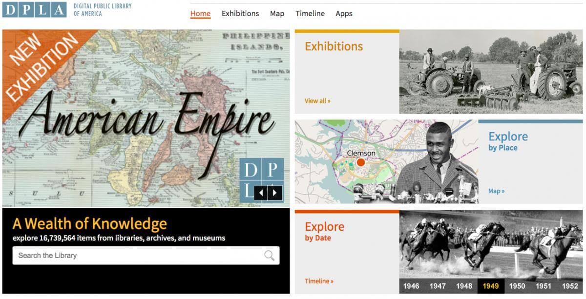 Digital Public Library of America homepage, July 2017. Screenshot courtesy of Southern Spaces. Digital Public Library of America homepage, July 2017. Screenshot courtesy of Southern Spaces.