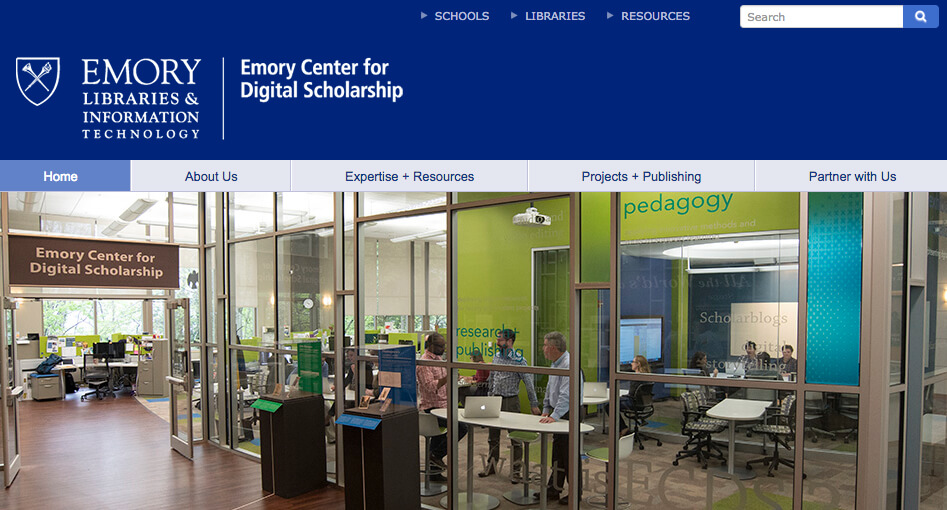 Emory Center for Digital Scholarship (ECDS) homepage, July 2017. Screenshot courtesy of Southern Spaces. Emory Center for Digital Scholarship (ECDS) homepage, July 2017. Screenshot courtesy of Southern Spaces.
