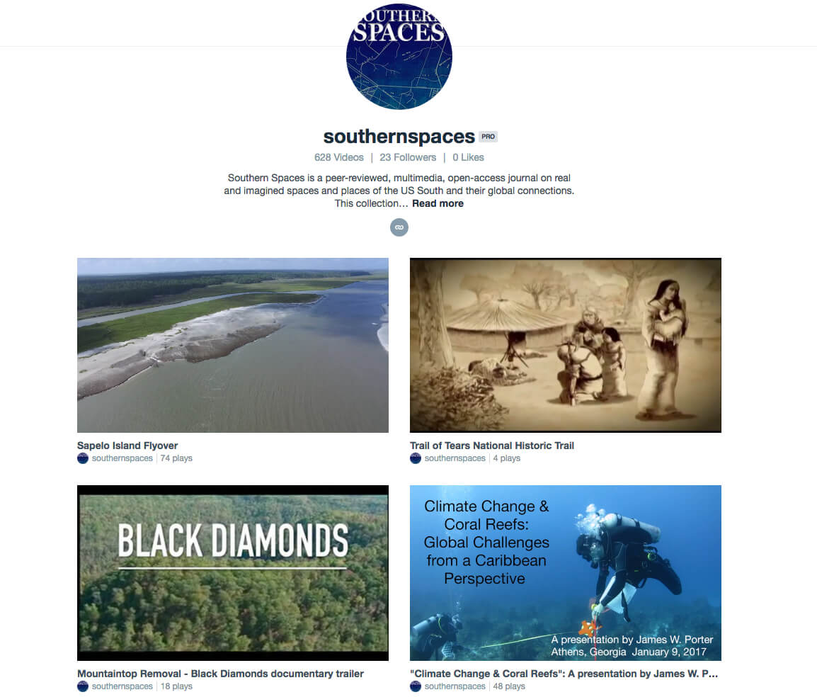 Southern Spaces Vimeo page, July 2017. Screenshot courtesy of Southern Spaces. Southern Spaces Vimeo page, July 2017. Screenshot courtesy of Southern Spaces.