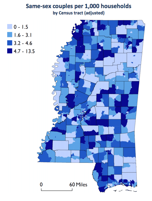 Same-sex couples per 1,000 households, Mississippi, 2010. Map by Gary J. Gates and Abigail M. Cooke. Originally published in Mississippi Census Snapshot: 2010. Courtesy of Williams Institute, UCLA School of Law. Map of Mississippi counties; majority of counties are colored in varying shades of blue, meaning they fall between 1.6 and 13.5 same-sex couples per 1,000 households.