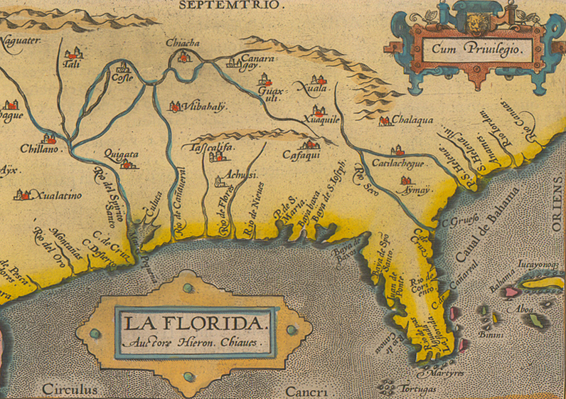 Detail of La Florida and the "Martyres" at the tip of southern Florida, from Peruuiae auriferae regionis typus. Map by Abraham Ortelius, 1587. Courtesy of the Mississippi Department of Archives and History. Map is in the public domain. Detail of La Florida and the "Martyres" at the tip of southern Florida, from Peruuiae auriferae regionis typus. Map by Abraham Ortelius, 1587. Courtesy of the Mississippi Department of Archives and History. Map is in the public domain.
