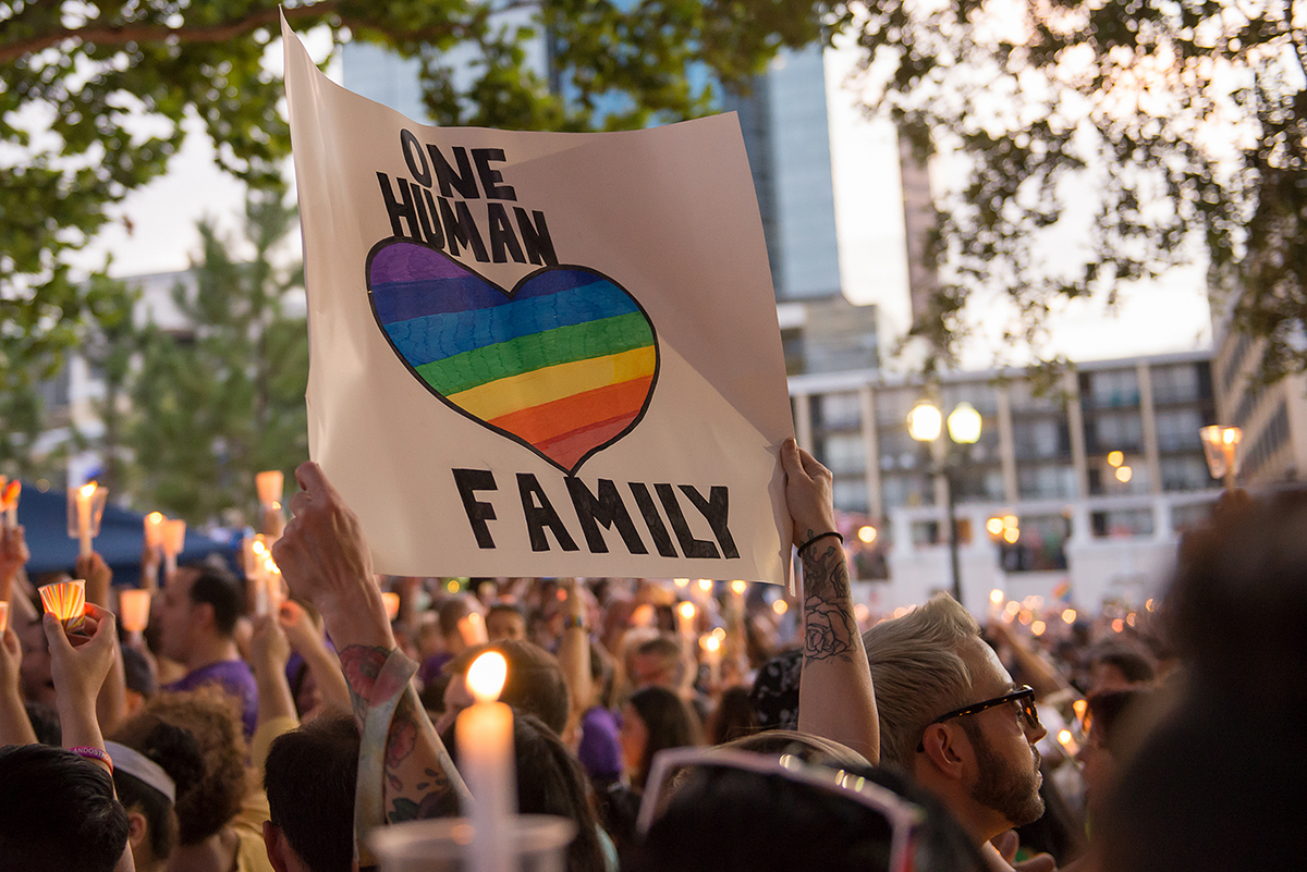 One Human Family sign, memorial for Pulse, Orlando, Florida, June 19, 2016. Photograph by Flickr user George Malioras. Creative Commons license CC BY-NC 2.0 One Human Family sign, memorial for Pulse, Orlando, Florida, June 19, 2016. Photograph by Flickr user George Malioras. Creative Commons license CC BY-NC 2.0