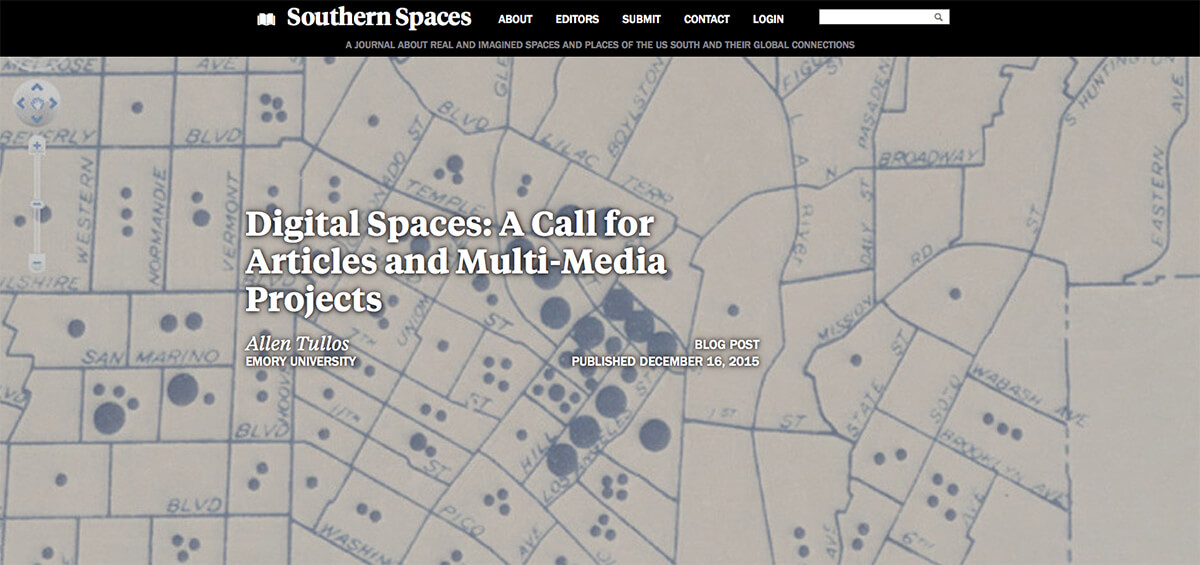 "Digital Spaces: A Call for Articles and Multi-Media Projects," December 16, 2016. Screenshot courtesy of Southern Spaces. "Digital Spaces: A Call for Articles and Multi-Media Projects," December 16, 2016. Screenshot courtesy of Southern Spaces.
