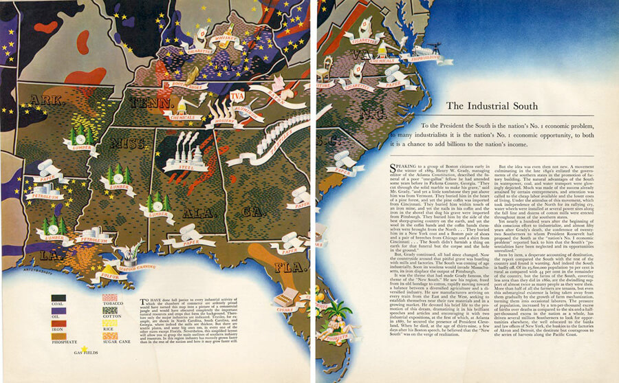 Map of the industrial South, November 18, 1938, Mary E. Frederickson's "Back to the Future: Mapping Workers Across the Global South," December 16, 2011. Illustration courtesy of Southern Spaces. Map of the industrial South, November 18, 1938, Mary E. Frederickson's "Back to the Future: Mapping Workers Across the Global South," December 16, 2011. Illustration courtesy of Southern Spaces.