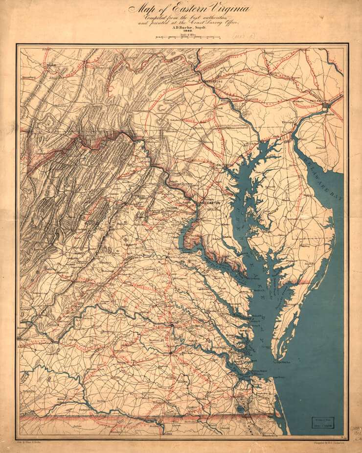 Map of Eastern Virginia, ca. 1862, William G. Thomas III et al. "The Countryside Transformed: The Eastern Shore of Virginia, the Pennsylvania Railroad, and the Creation of a Modern Landscape," July 31, 2007. Map courtesy of Southern Spaces. Map of Eastern Virginia, ca. 1862, William G. Thomas III et al. "The Countryside Transformed: The Eastern Shore of Virginia, the Pennsylvania Railroad, and the Creation of a Modern Landscape," July 31, 2007. Map courtesy of Southern Spaces.
