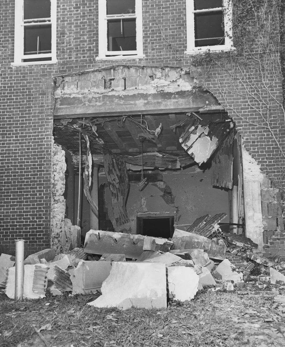 Damage from the Reform Temple bombing, October 1958, Clive Webb's "Counterblast: How the Atlanta Temple Bombing Strengthened the Civil Rights Cause," June 22, 2009. Image courtesy of Southern Spaces. Damage from the Reform Temple bombing, October 1958, Clive Webb's "Counterblast: How the Atlanta Temple Bombing Strengthened the Civil Rights Cause," June 22, 2009. Image courtesy of Southern Spaces.