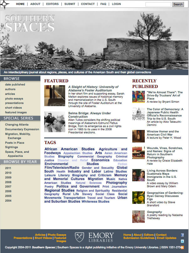 2010 Southern Spaces after migration to Drupal, July 28, 2011. Screenshot courtesy of Southern Spaces. 2010 Southern Spaces after migration to Drupal, July 28, 2011. Screenshot courtesy of Southern Spaces.