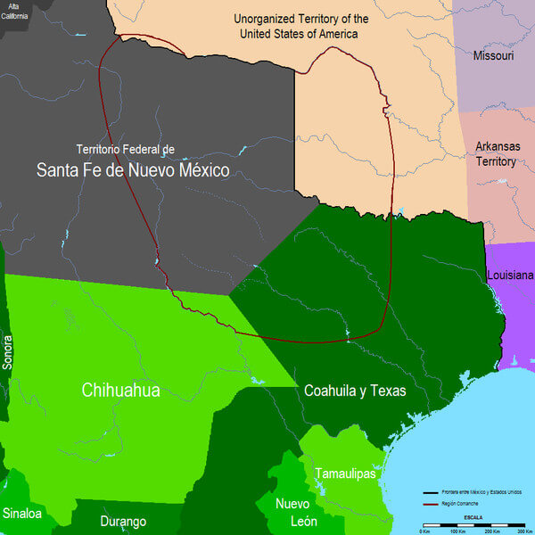 The Comanche region, Mexico, 1832. Map of Mexico's nineteenth-century shifting borderlands courtesy of Wikimedia Commons, CC0 1.0. The Comanche region, Mexico, 1832. Map of Mexico's nineteenth-century shifting borderlands courtesy of Wikimedia Commons, CC0 1.0.