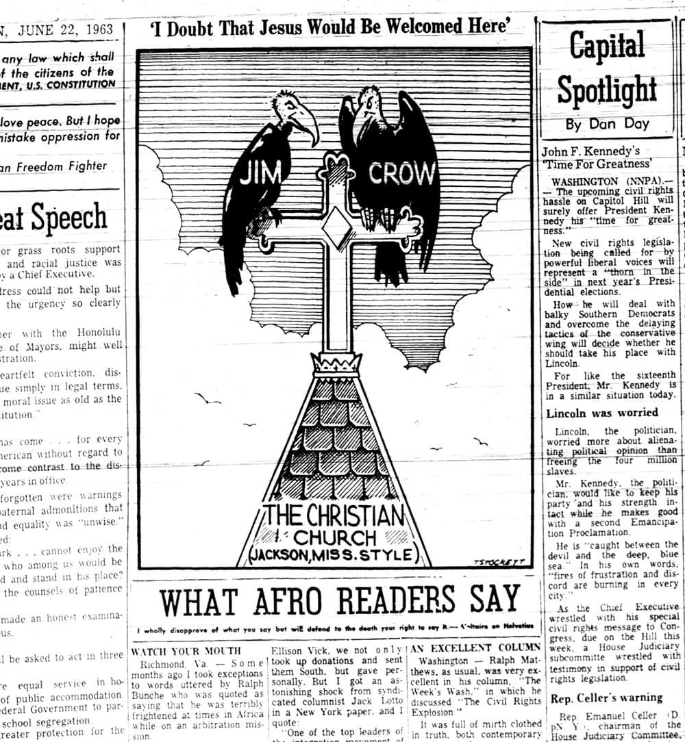 Richmond Afro-American, June 22, 1963. Richmond Afro-American cartoonist T. Stockett consistently poked fun at segregation and showed its inconsistency with American ideals of freedom and democracy. White newspaper cartoonists on the other hand, such as Fred Seibel or Reg Manning, focused on other issues, usually state political battles or the Cold War. African American papers depicted cartoons that constructed a story of resistance and confidence in change. One T. Stockett cartoon featured George Wallace hurling a "States Rights" rock at a huge oncoming tank, labeled "Federal Might." The caption asked, "Is there any doubt about who'll win this one?"