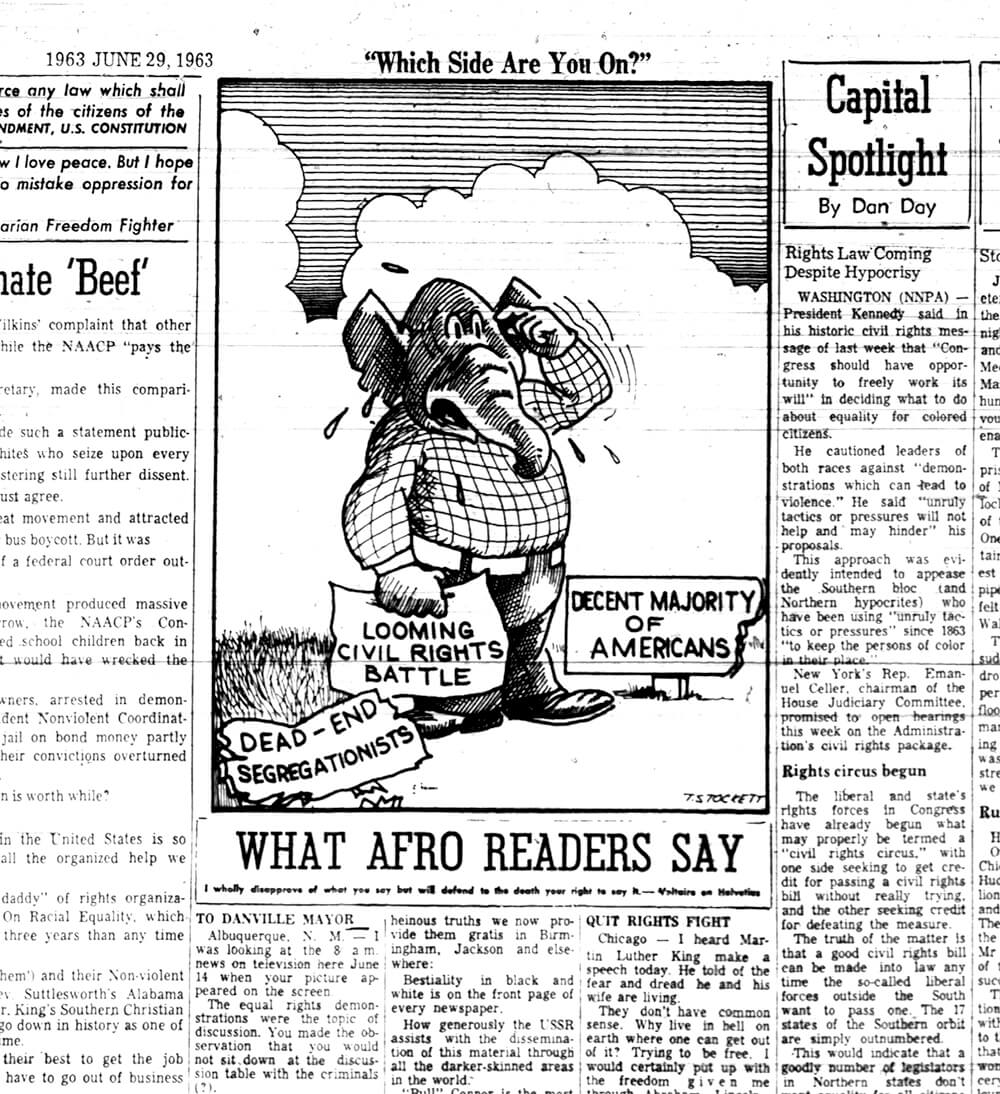 Richmond Afro-American, June 29, 1963. Richmond Afro-American cartoonist T. Stockett consistently poked fun at segregation and showed its inconsistency with American ideals of freedom and democracy. White newspaper cartoonists on the other hand, such as Fred Seibel or Reg Manning, focused on other issues, usually state political battles or the Cold War. African American papers depicted cartoons that constructed a story of resistance and confidence in change. One T. Stockett cartoon featured George Wallace hurling a "States Rights" rock at a huge oncoming tank, labeled "Federal Might." The caption asked, "Is there any doubt about who'll win this one?" Richmond Afro-American, June 22, 1963. Richmond Afro-American cartoonist T. Stockett consistently poked fun at segregation and showed its inconsistency with American ideals of freedom and democracy. White newspaper cartoonists on the other hand, such as Fred Seibel or Reg Manning, focused on other issues, usually state political battles or the Cold War. African American papers depicted cartoons that constructed a story of resistance and confidence in change. One T. Stockett cartoon featured George Wallace hurling a "States Rights" rock at a huge oncoming tank, labeled "Federal Might." The caption asked, "Is there any doubt about who'll win this one?"