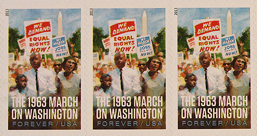 USPS postage stamp commemorating the 1963 March on Washington. Photograph courtesy of Flickr user John Flannery, August 28, 2013. Creative Commons license CC BY-SA 2.0. USPS postage stamp commemorating the 1963 March on Washington. Photograph courtesy of Flickr user John Flannery, August 28, 2013. Creative Commons license CC BY-SA 2.0.