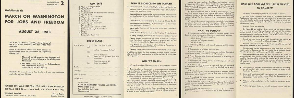 First five pages of the Final Plan for the March on Washington for Jobs and Freedom, August 28, 1963. Courtesy of the Library of Congress Prints and Photographs Division, http://www.loc.gov/pictures/item/2014645600/. First five pages of the Final Plan for the March on Washington for Jobs and Freedom, August 28, 1963. Courtesy of the Library of Congress Prints and Photographs Division, http://www.loc.gov/pictures/item/2014645600/.