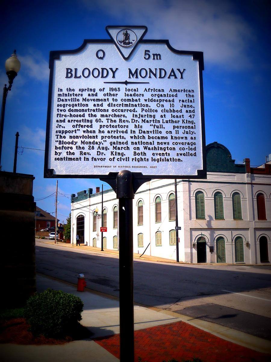 Bloody Monday historical marker, Danville, Virginia, erected 2007. Photograph courtesy of Flickr user ALongerbeam. Creative Commons license CC BY-NC 2.0. Bloody Monday historical marker, Danville, Virginia, erected 2007. Photograph courtesy of Flickr user ALongerbeam. Creative Commons license CC BY-NC 2.0.