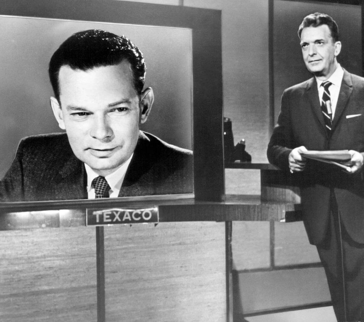 Photo of David Brinkley (on screen) and Chet Huntley from the news program The Huntley-Brinkley Report. Huntley was based in New York, while Brinkley was based in Washington. They shared the duties of the NBC Television Network evening news program from 1956 to 1970. Courtesy of Wikimedia Commons. Image is in the public domain.  Photo of David Brinkley (on screen) and Chet Huntley from the news program The Huntley-Brinkley Report. Huntley was based in New York, while Brinkley was based in Washington. They shared the duties of the NBC Television Network evening news program from 1956 to 1970. Courtesy of Wikimedia Commons. Image is in the public domain.