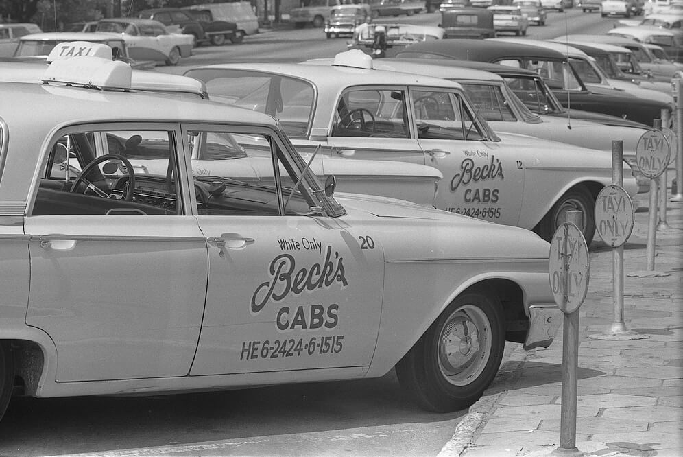 Taxi cabs with sign "White only, Beck's cabs" on side, Albany, Georgia, August 18, 1962. Photograph by Warren K. Leffler. Courtesy of the Library of Congress, Prints and Photographs Division, http://www.loc.gov/pictures/item/2012649184/. Taxi cabs with sign "White only, Beck's cabs" on side, Albany, Georgia, August 18, 1962. Photograph by Warren K. Leffler. Courtesy of the Library of Congress, Prints and Photographs Division, http://www.loc.gov/pictures/item/2012649184/.