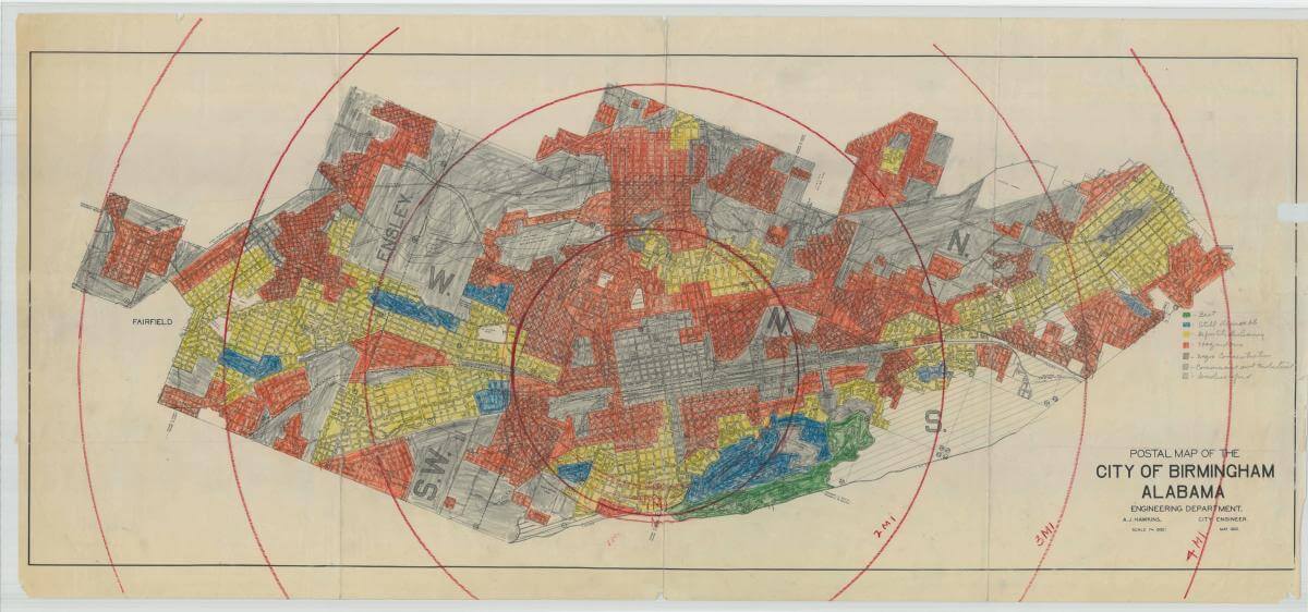 Postal Map of the City of Birmingham, Alabama, showing racial zoning, May 1933. Map by Federal Home Loan Bank Board, Home Owners' Loan Corporation. Courtesy of the National Archives and Records Administration. Map is in public domain. Legend: Green: "Best"; Blue: "Still Desirable"; Yellow: "Definitely Declining"; Red: "Hazardous"; Grey: "Negro Concentrations"; Crosshatched Lines: "Commercial and Industrial"; Diagonal Lines: "Undeveloped." Postal Map of the City of Birmingham, Alabama, showing racial zoning. Most of the city is colored gray. Other colors, in order of prominence, are red, yellow, and blue, with very few green areas. Legend: Green: "Best";  Blue: "Still Desirable"; Yellow - "Definitely Declining"; Red: "Hazardous"; Grey: "Negro Concentrations"; Crosshatched Lines: "Commercial and Industrial"; Diagonal Lines: "Undeveloped".