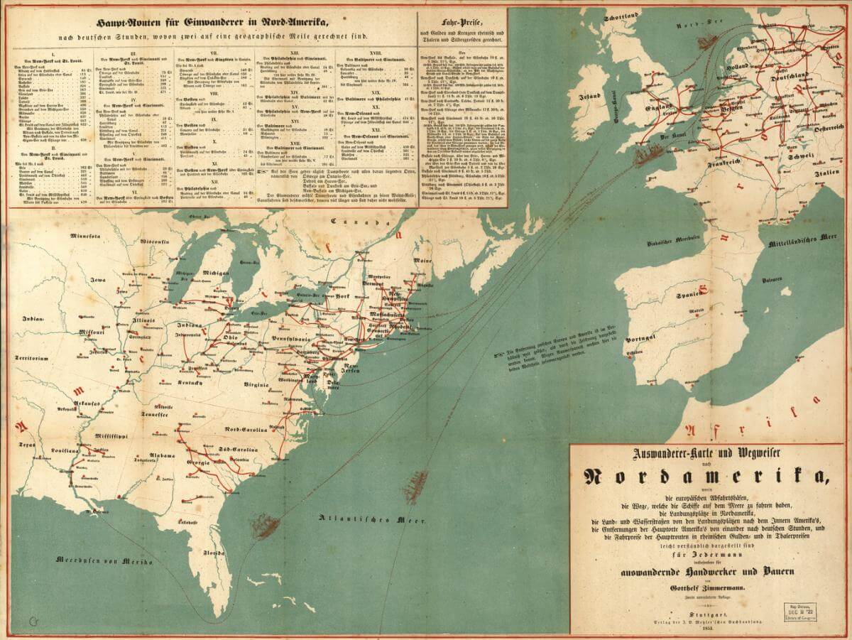 Auswanderer-karte und wegweiser nach Nordamerika, Emigration map and guide to North America, Stuttgart, Germany, 1853. Map by Gotthelf Zimmermann, published by J.B. Metzler'schen Buchhandlung. Courtesy of Library of Congress Geography and Map Division, loc.gov/resource/g3701e.ct000244/. Auswanderer-karte und wegweiser nach Nordamerika, Emigration map and guide to North America, Stuttgart, Germany, 1853. Map by Gotthelf Zimmermann, published by J.B. Metzler'schen Buchhandlung. Courtesy of Library of Congress Geography and Map Division, loc.gov/resource/g3701e.ct000244/.