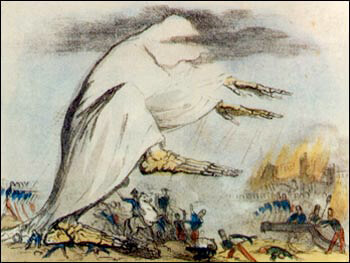 A representation of the cholera epidemic depicting the spread of the disease in the form of poisonous air. London, England, October 1, 1831. Lithograph by Robert Seymour. Courtesy of Wikimedia Commons. Image is in the public domain. A representation of the cholera epidemic depicting the spread of the disease in the form of poisonous air. London, England, October 1, 1831. Lithograph by Robert Seymour. Courtesy of Wikimedia Commons. Image is in the public domain.