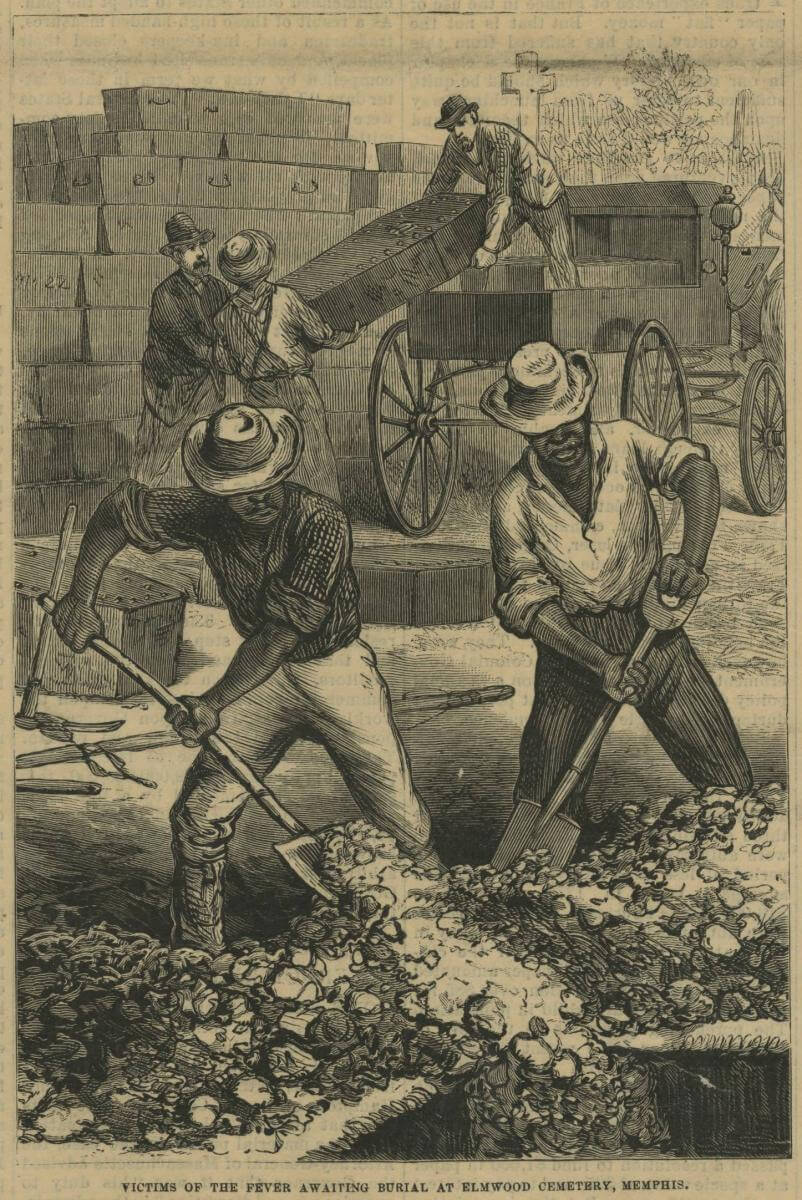 Yellow fever burial, Memphis, Tennessee, September 21, 1878. Illustration by unknown creator, published by Frank Leslie's Illustrated Newspaper. Courtesy of the Illustrations from Harper's Weekly Newspaper and Frank Leslie's Illustrated Newspaper collection, Digital Archive of Memphis Public Libraries. Yellow fever burial, Memphis, Tennessee, September 21, 1878. Illustration by unknown creator, published by Frank Leslie's Illustrated Newspaper. Courtesy of the Illustrations from Harper's Weekly Newspaper and Frank Leslie's Illustrated Newspaper collection, Digital Archive of Memphis Public Libraries.