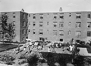 View of playground behind Building X, from west facing east, Techwood Homes. Atlanta, Georgia, circa 1940. Photocopy of Photograph. Library of Congress Prints and Photographs Division, HABS GA,61-ATLA,60--16. View of playground behind Building X, from west facing east, Techwood Homes. Atlanta, Georgia, circa 1940. Photocopy of Photograph. Library of Congress Prints and Photographs Division, HABS GA,61-ATLA,60--16.