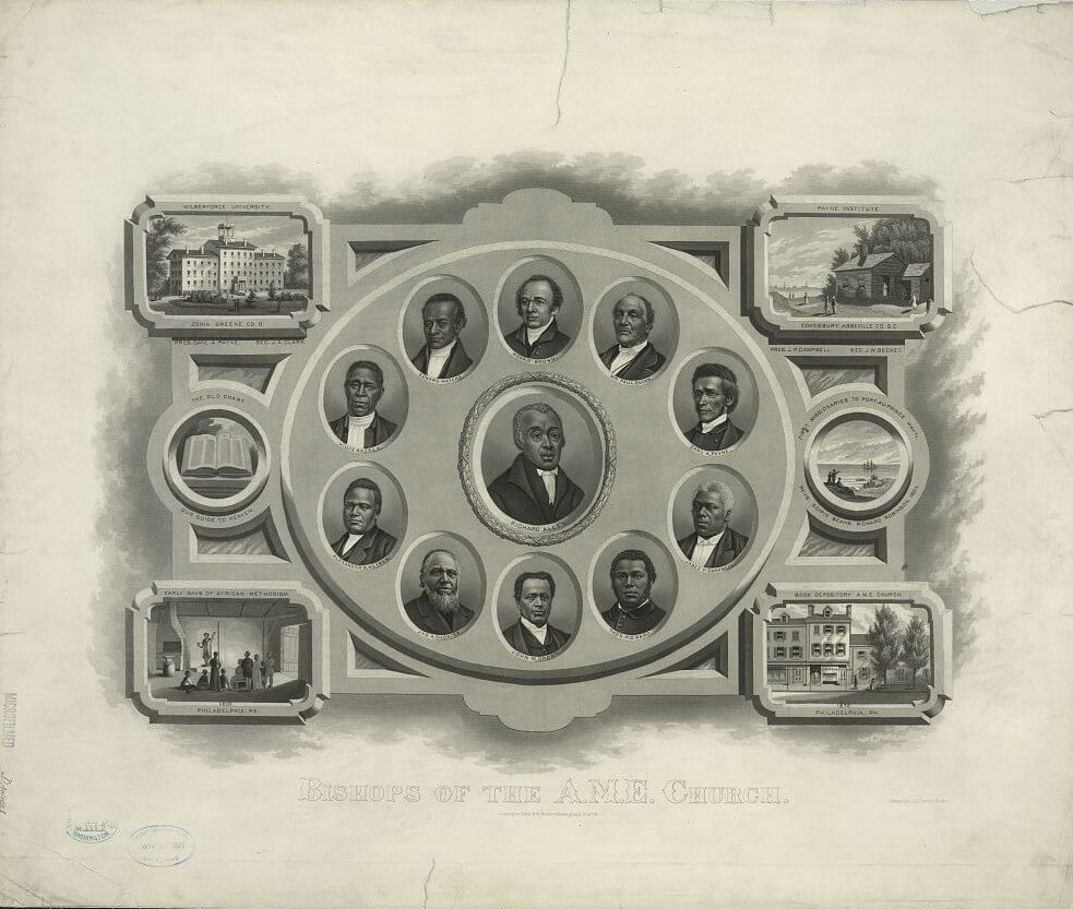 Bishops of the African Methodist Episcopal Church, ca. 1876. Lithograph of Richard Allen and other A.M.E bishops by J.H. Daniels. Courtesy of the Library of Congress Prints and Photographs Division, loc.gov/pictures/resource/pga.03643/. A lithograph of Richard Allen and other bishops of the African Methodist Episcopal Church, showing a circle of miniature oval vignette portraits, a larger oval portrait of Richard Allen in the center, and church buildings in each corner.