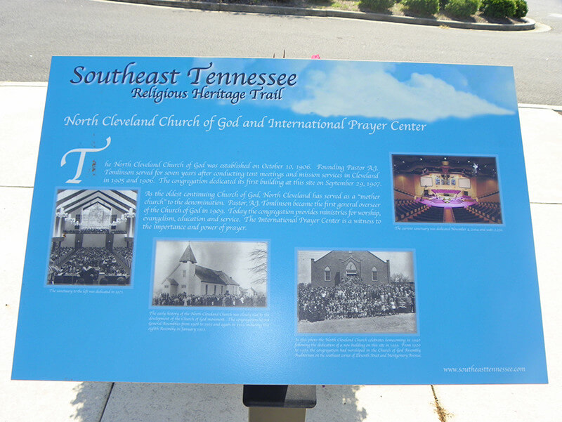 Southeast Tennessee Religious Heritage Trail sign, Cleveland, Tennessee, September 30, 2010. Photograph by Flickr user J. Stephen Conn. Creative Commons license CC BY-NC 2.0. Photograph of a sign that reads, "Southeast Tennessee Religious Heritage Trail," showing four photographs of different church interiors.