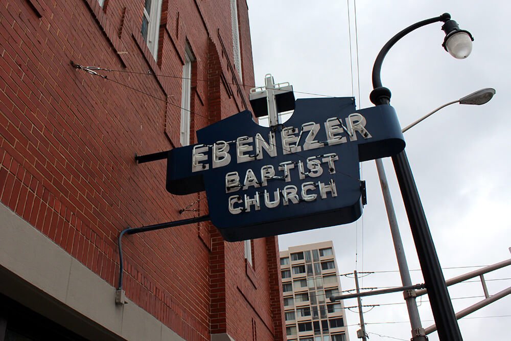 Ebenezer Baptist Church sign, Atlanta, Georgia, May 6, 2013. Photograph of this historic MLK site by Flickr user Wally Gobetz. Creative Commons license CC BY-NC-ND 2.0. Ebenezer Baptist Church sign, Atlanta, Georgia, May 6, 2013. Photograph of this historic MLK site by Flickr user Wally Gobetz. Creative Commons license CC BY-NC-ND 2.0.