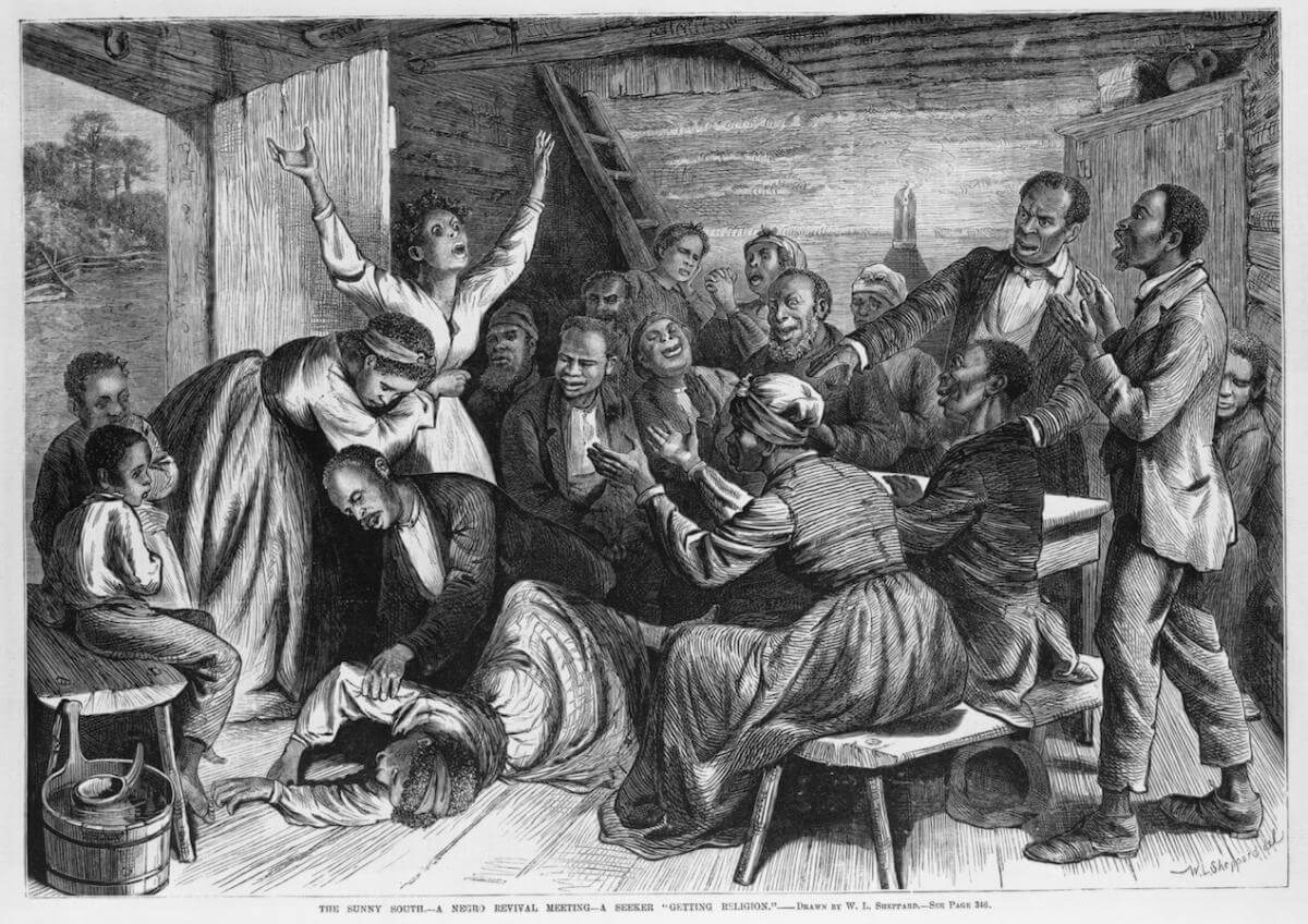 The Sunny South, a negro revival meeting, a seeker "getting religion." Wood engraving by William Luddell Sheppard reproduced in Frank Leslie's illustrated newspaper, August 9, 1873. Library of Congress Prints and Photographs Collection, hdl.loc.gov/loc.pnp/cph.3c17140. A wood engraving titled, "The Sunny South, a negro revival meeting, a seeker 'getting religion,'" depicting "Woman lying on floor, surrounded by other people, in a revival meeting" (description courtesy of LOC).