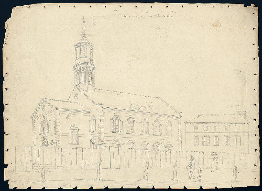 Synagogue, Charleston, South Carolina, ca. 1812. Graphite drawing by John Rubens Smith. Courtesy of Library of Congress Prints and Photographs Division, www.loc.gov/pictures/resource/ppmsca.05439/. Scan of a graphite drawing of a synagogue.