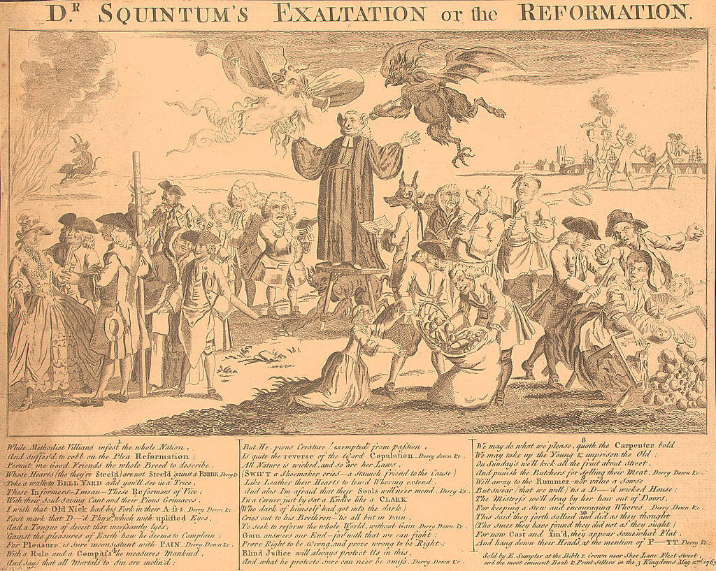 Dr. Squintum's exaltation or the reformation, London, England, 1763. Cartoon engraving depicting Reverend George Whitefield preaching. Courtesy of the Library of Congress Prints and Photographs Division, loc.gov/pictures/resource/ppmsc.00263/.  Cartoon engraving depicting Reverend George Whitefield preaching and a devil figure with a syringe to Whitefield's ear, titled, "Dr. Squintum's exaltation or the reformation."