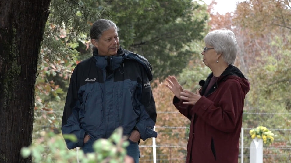 Rosemary McCombs Maxey talks with Craig Womack, Dustin, Oklahoma, 2015. Screenshot from Hearing the Call courtesy of Southern Spaces. Rosemary McCombs Maxey talks with Craig Womack, Dustin, Oklahoma, 2015. Screenshot from Hearing the Call courtesy of Southern Spaces.