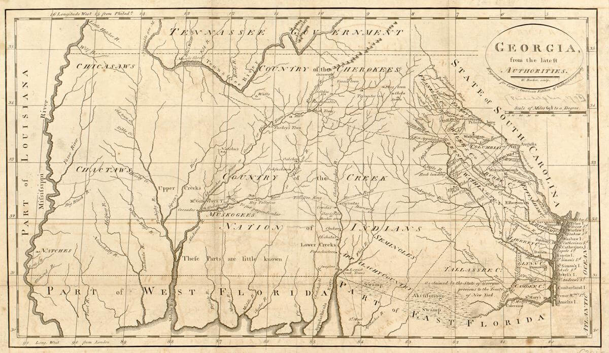 Georgia, from the latest authorities, 1795. Map by William Barker and Mathew Carey. Courtesy of the Library of Congress Geography and Map Division, loc.gov/resource/g3860.ct001247. Georgia, from the latest authorities, 1795. Map by William Barker and Mathew Carey. Courtesy of the Library of Congress Geography and Map Division, loc.gov/resource/g3860.ct001247.