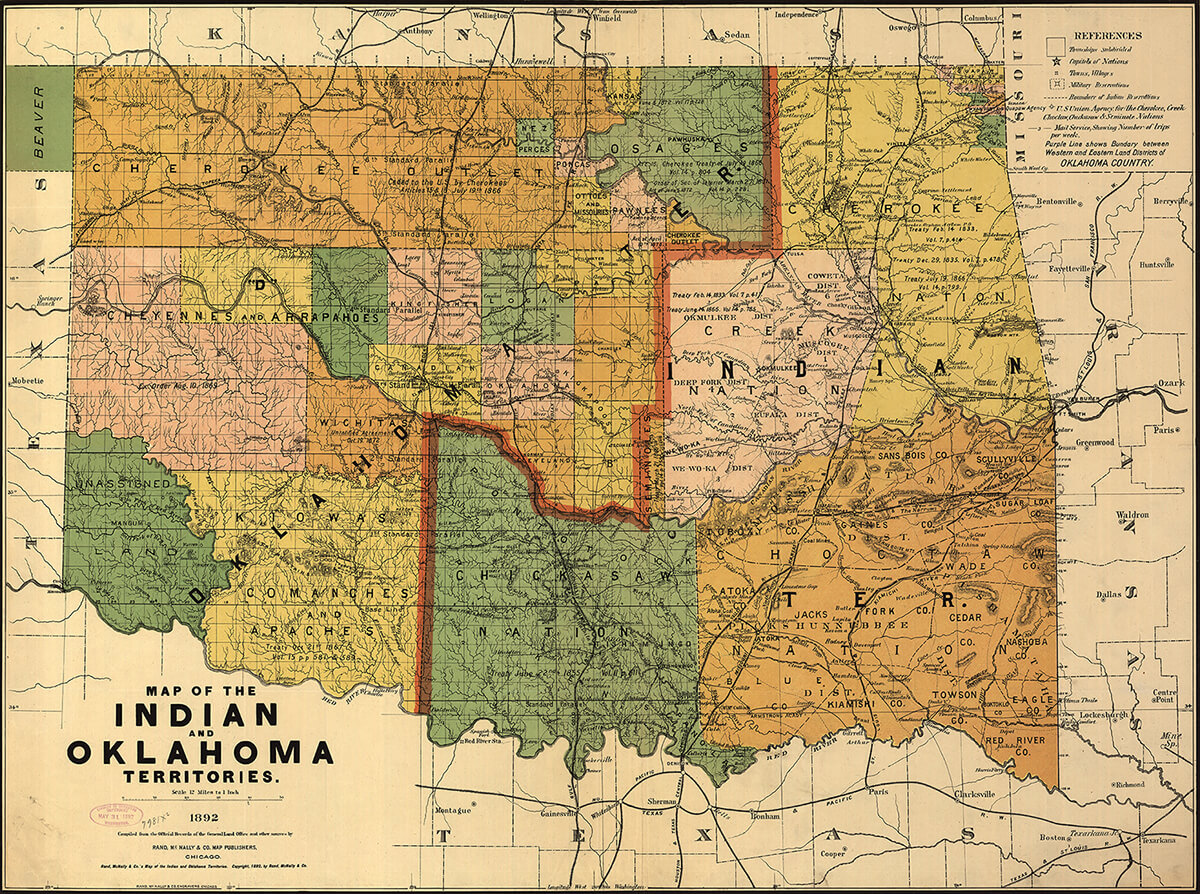 Map of the Indian and Oklahoma Territories, 1892. Map by Rand McNally and Company. Courtesy of the Library of Congress Geography and Map Division, loc.gov/resource/g4021e.ct000224. Map of the Indian and Oklahoma Territories, 1892. Map by Rand McNally and Company. Courtesy of the Library of Congress Geography and Map Division, loc.gov/resource/g4021e.ct000224.