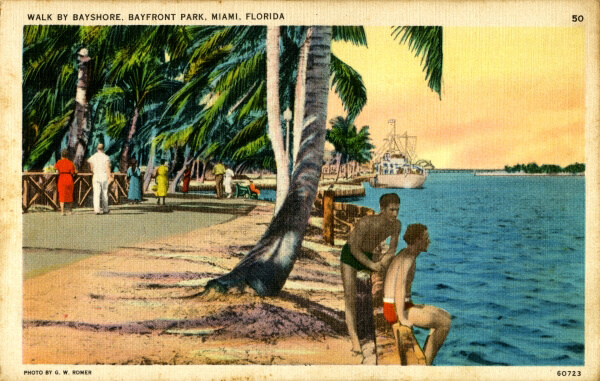 "Walk by bayshore, Bayfront Park," Miami, Florida. Postcard published by Standard Drug and Sundry Co. Photograph by G. W. Romer. Courtesy of Florida Memory, State Library & Archives of Florida. Image is in public domain. Walk by bayshore, Bayfront Park